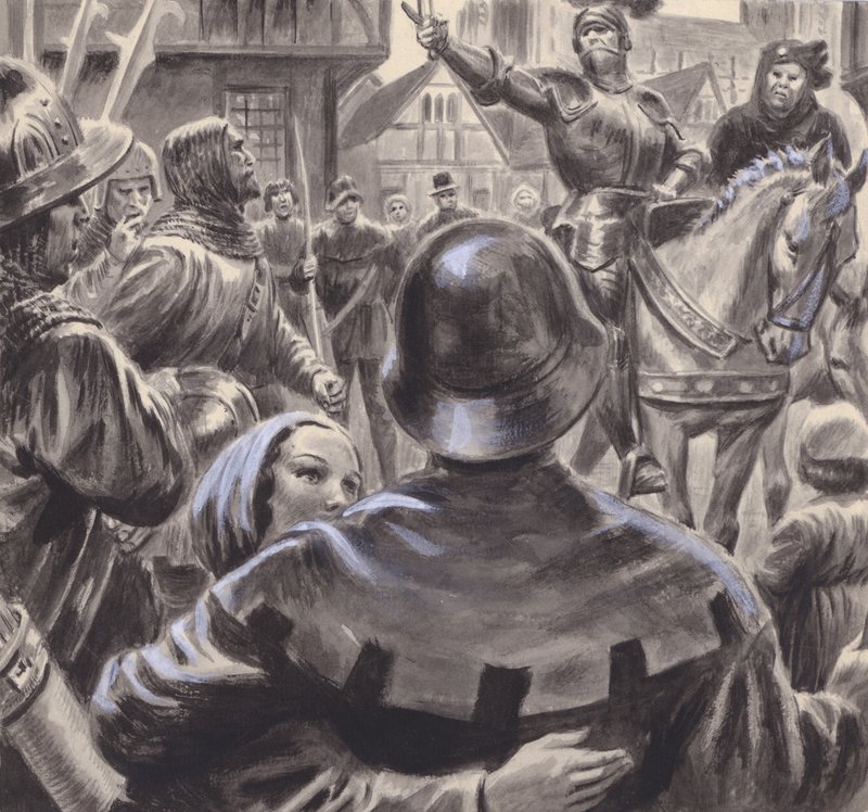Veszekedő nemesek sereget toboroztak a százéves háborút követően 1453-ban Angliába özönlő munkanélküli katonákból (gouache, papír). alkotó: C.L. Doughty