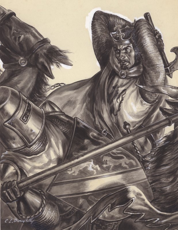 Robert Bruce megöli Sir Henry de Bohun-t () (gouache, papír) alkotó: C.L. Doughty