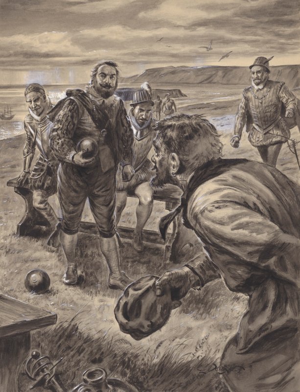 Sir Francis Drake bowlingozik, miközben a spanyol armadáról szóló híreket kapja (gouache, papír) alkotó: C.L. Doughty