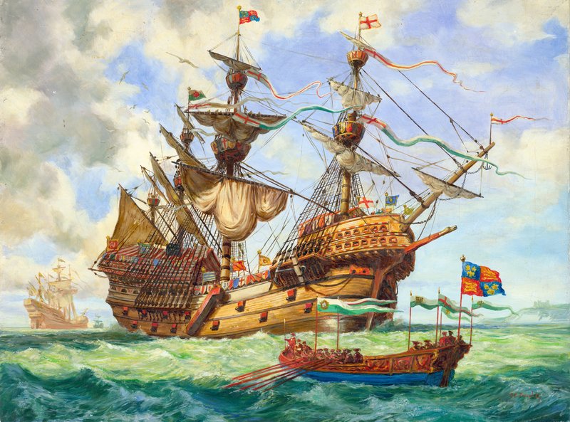 A Nagy Harry, Henrik király flottájának zászlóshajója, 251 ágyúja közül több is (gouache, papír) alkotó: C.L. Doughty