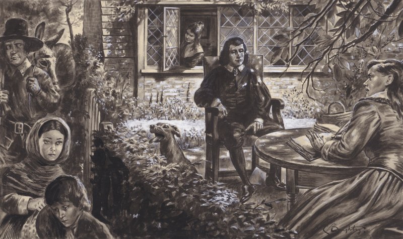 John Milton költő a kertjében, lányaival (gouache, papír) alkotó: C.L. Doughty