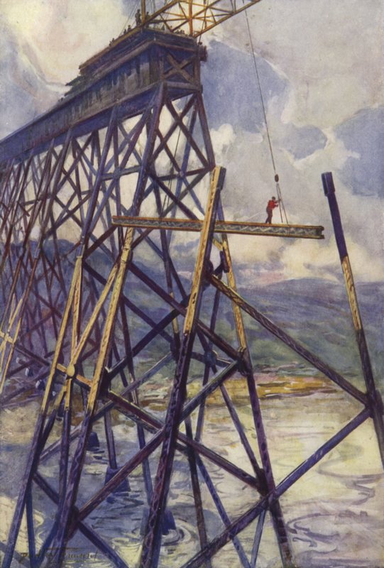 A kanadai Grand Trunk Pacific Railway Battle River viaduktjának acélozása (színes litó) alkotó: C. Dudley Tennant