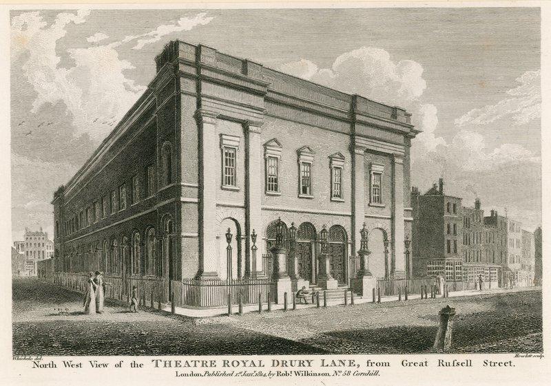 Nyugati kilátás a Theatre Royalre, Drury Lane, London, a Great Russell Street felől alkotó: C. John Mayle Whichelo