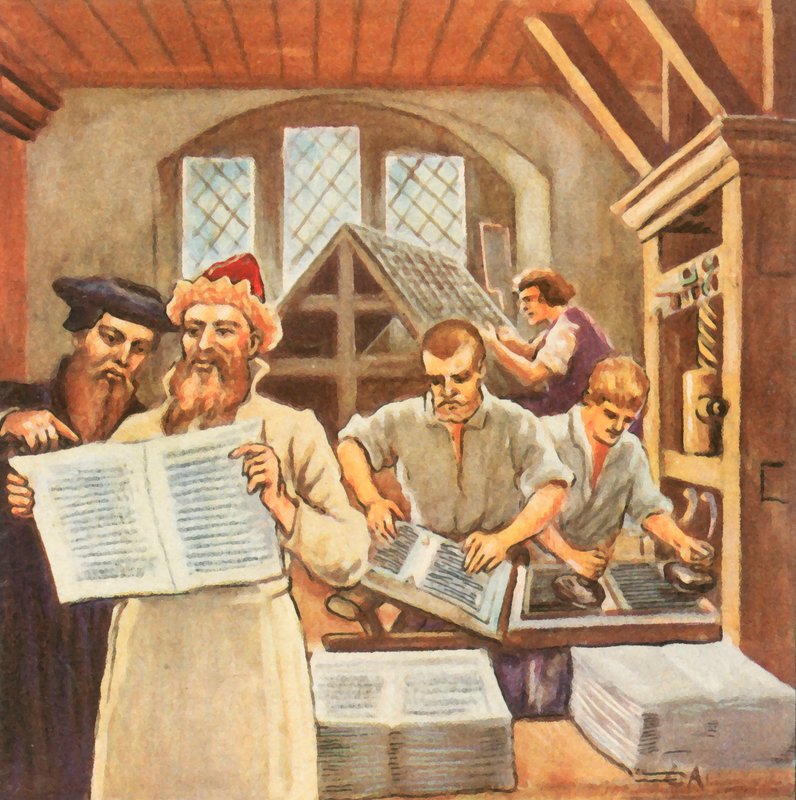 Gutenberg kinyomtatja a Bibliát (feljavított színes litográfia) alkotó: Carl Arriens