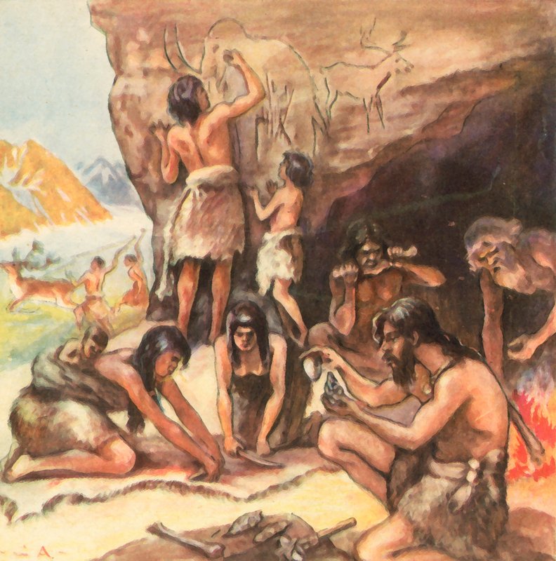 Kőkorszaki családi barlang (nagyított színes litográfia) alkotó: Carl Arriens