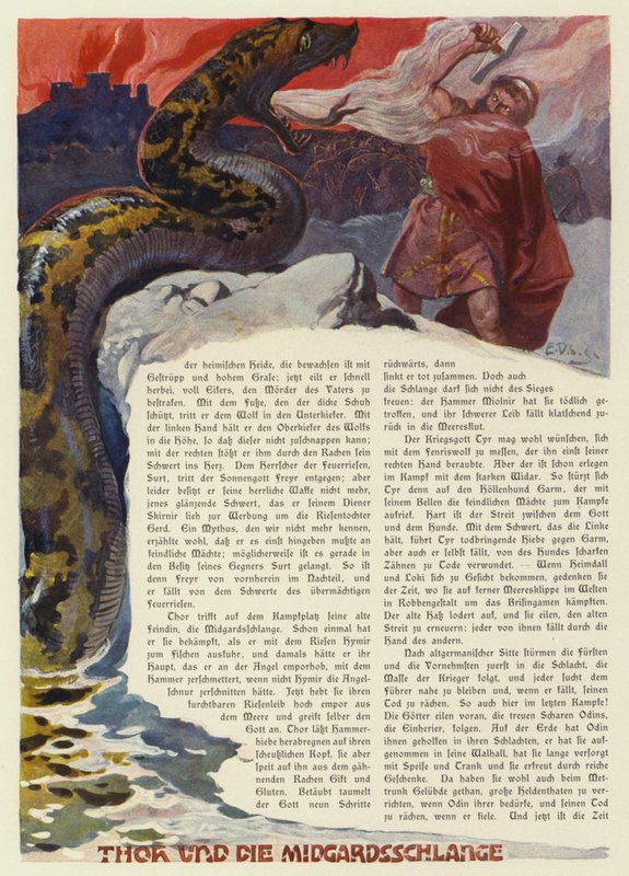 Thor a Midgard kígyóval küzd a Ragnarok-i csatában (színes litó) alkotó: Carl Emil Doepler
