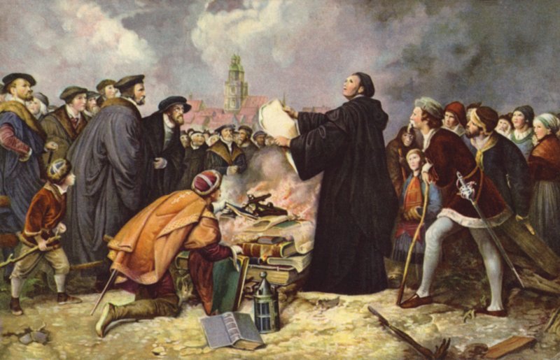 Luther Márton 1520-ban elégeti a pápai bullát (színes litó) alkotó: Carl Friedrich (after) Lessing