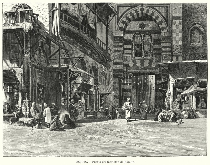 Bejárat a Qalawun komplexumba, Kairó, Egyiptom (litho) alkotó: Carl Friedrich Heinrich (after) Werner
