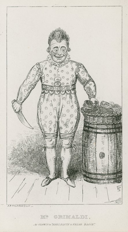 Joseph Grimaldi úr bohócként a Harlekinben és Bacon fráter alkotó: Carl Georg Adolph Hasenpflug