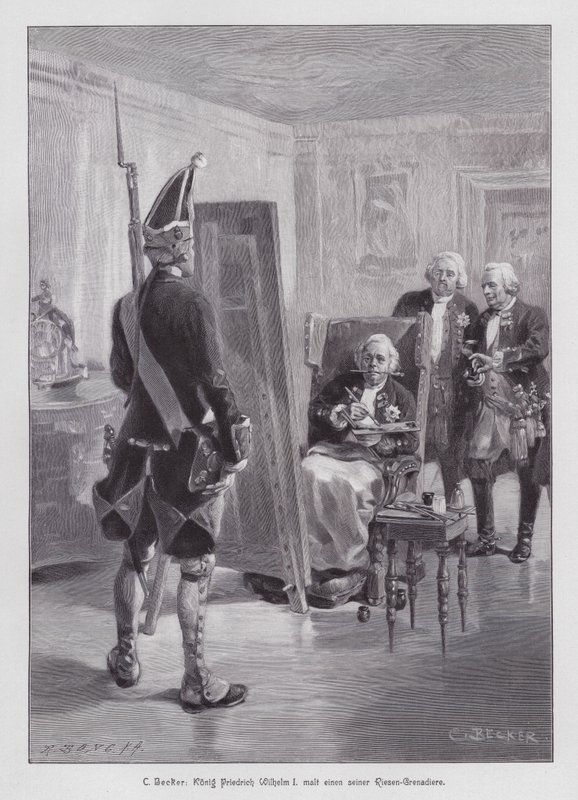 I. Frigyes Vilmos porosz király gránátost fest Potsdamer Riesengarde (Potsdami Óriás Gárda) című művéből (metszet) alkotó: Carl Ludwig Friedrich (after) Becker