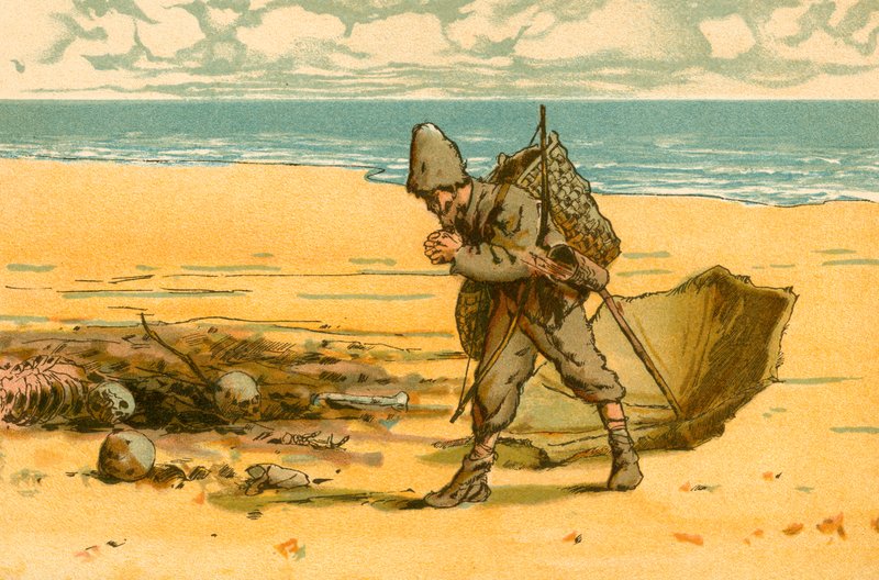 Robinson Crusoe látja, hogy a parton emberi koponyák és emberi csontok hevernek. alkotó: Carl Marr