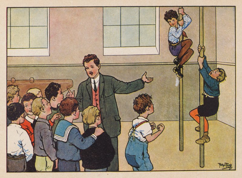 Fiúk másznak a tornateremben (színes litográfia) alkotó: Carl Robert Arthur Thiele
