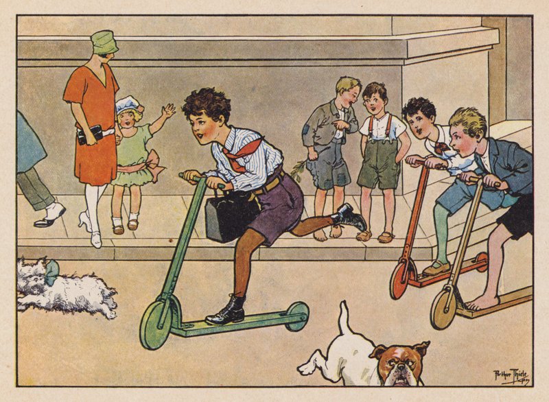 Fiúk versenyző robogók (színes litográfia) alkotó: Carl Robert Arthur Thiele