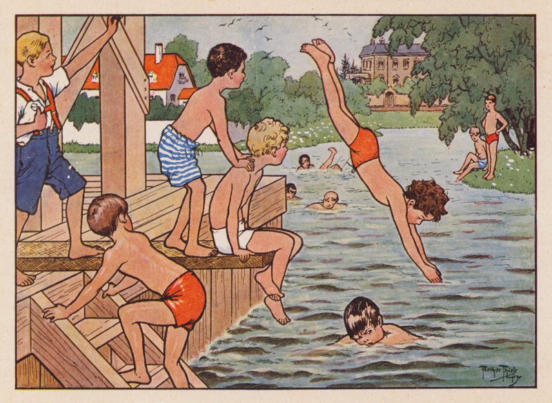 Fiú úszás és műugrás (színes litográfia) alkotó: Carl Robert Arthur Thiele