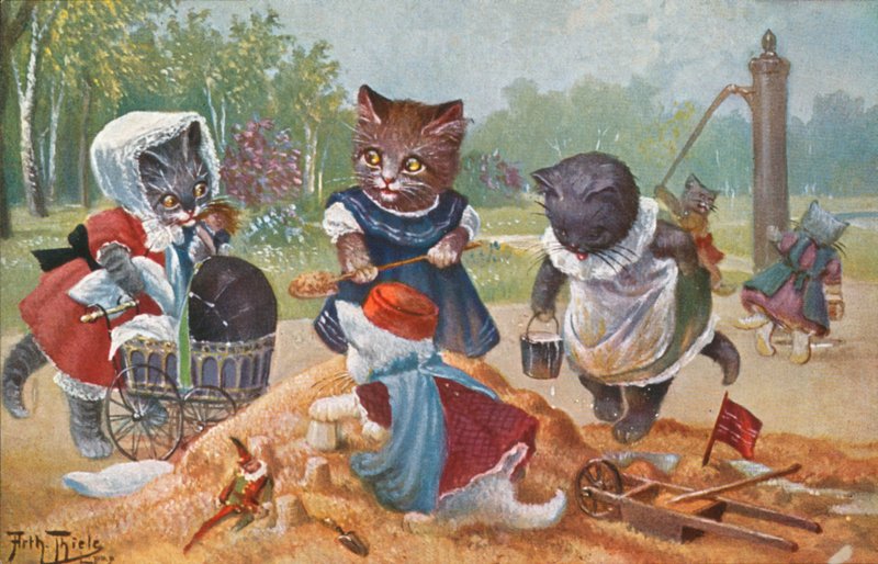 Humoros macskás képeslap (színes litográfia) alkotó: Carl Robert Arthur Thiele