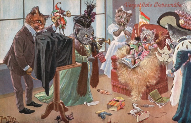 Humoros macskás képeslap (színes litográfia) alkotó: Carl Robert Arthur Thiele