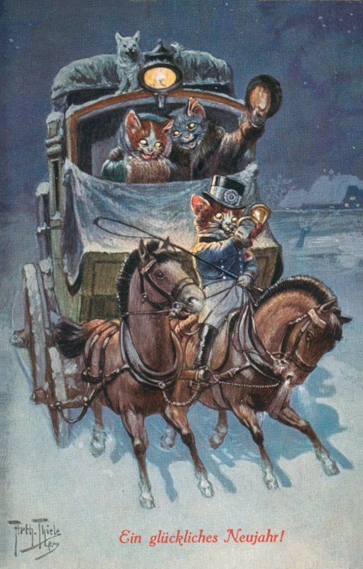 Humoros macskás képeslap (színes litográfia) alkotó: Carl Robert Arthur Thiele