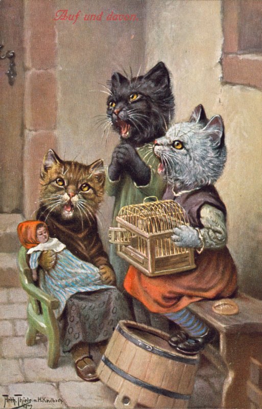Humoros macskás képeslap (színes litográfia) alkotó: Carl Robert Arthur Thiele