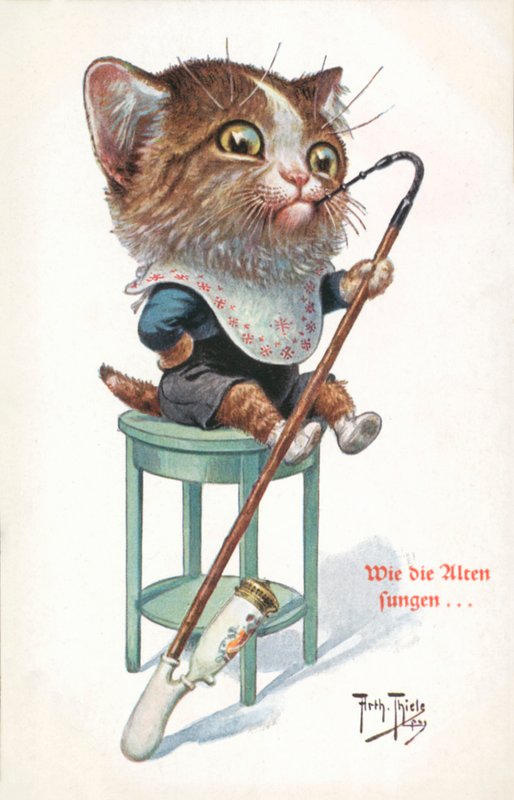 Humoros macskás képeslap (színes litográfia) alkotó: Carl Robert Arthur Thiele