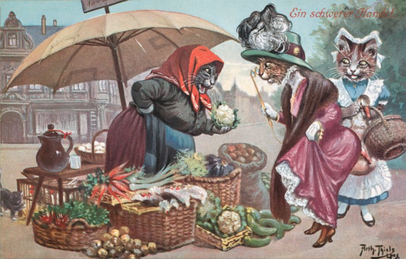 Humoros macskás képeslap (színes litográfia) alkotó: Carl Robert Arthur Thiele
