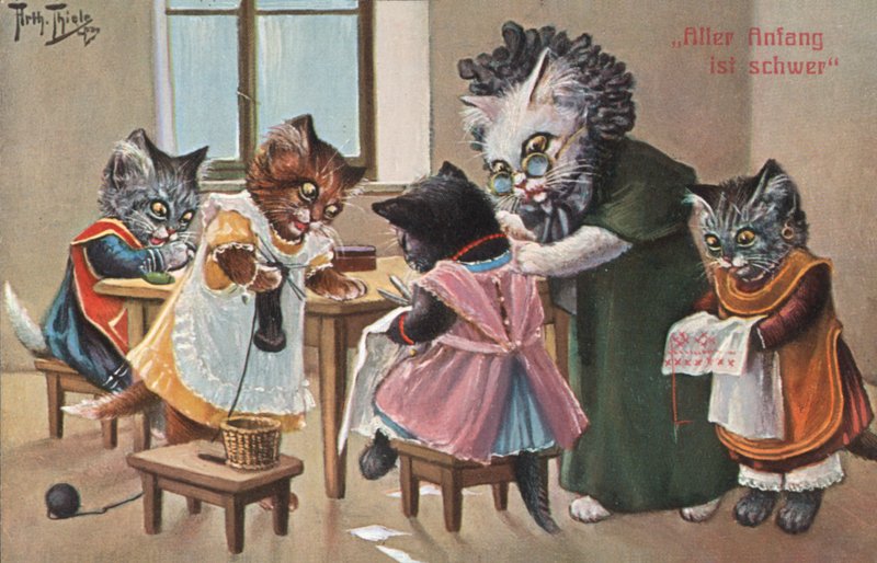 Humoros macskás képeslap (színes litográfia) alkotó: Carl Robert Arthur Thiele