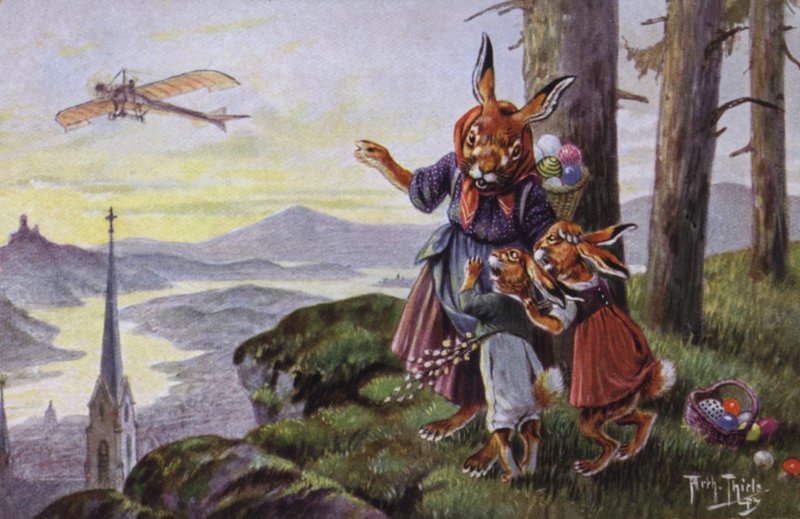 Repülőről beszélgető nyulak (színes litho) alkotó: Carl Robert Arthur Thiele