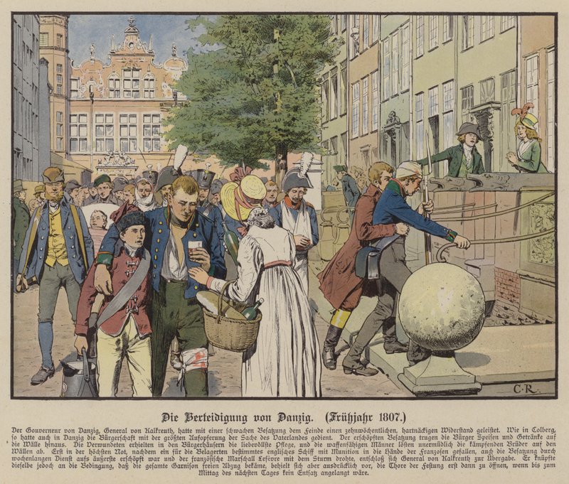 Polgárok segítettek porosz sebesülteken Danzig védelme során, 1807 tavasza (színes litó) alkotó: Carl Röchling