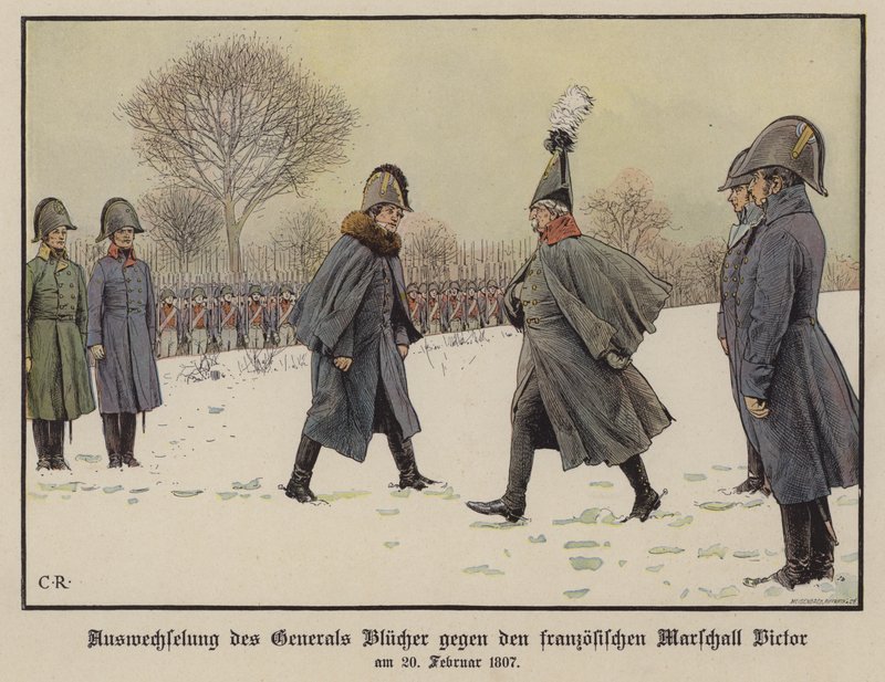 Gebhard Blucher és Claude Victor-Perrin elfogott porosz és francia tábornagyok cseréje, 1807. február 20. (színes litó) alkotó: Carl Röchling