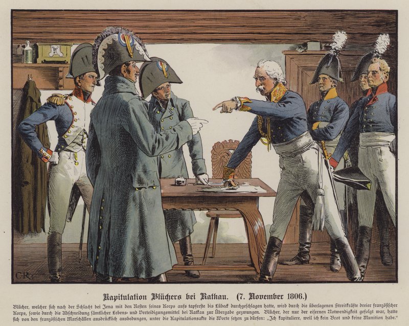 Blucher tábornagy megadja magát a franciáknak Katekauban, 1806. november 7-én (színes litó) alkotó: Carl Röchling