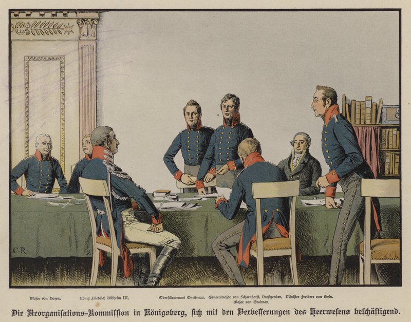 Frigyes Vilmos király részt vesz a Porosz Katonai Újjászervezési Bizottság königsbergi ülésén (színes litó) alkotó: Carl Röchling