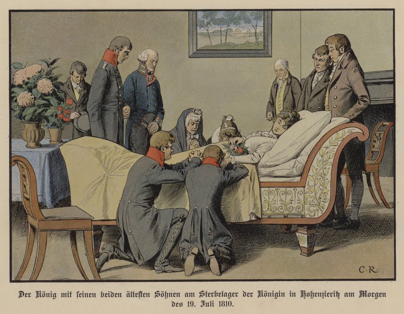 III. Frigyes Vilmos porosz király és két legidősebb fia Lujza királynő halálos ágya mellett 1810. július 19-én reggel (színes litó) alkotó: Carl Röchling