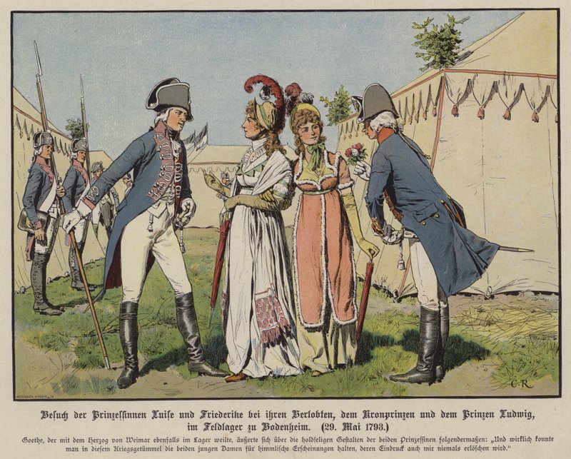 Louise és Frigyes mecklenburg-Strelitz hercegnők meglátogatják vőlegényüket, Frigyes Vilmos porosz trónörököst és Ludwig hannoveri herceget a bodenheimi katonai táborban, 1793. május 20. (színes litó) alkotó: Carl Röchling