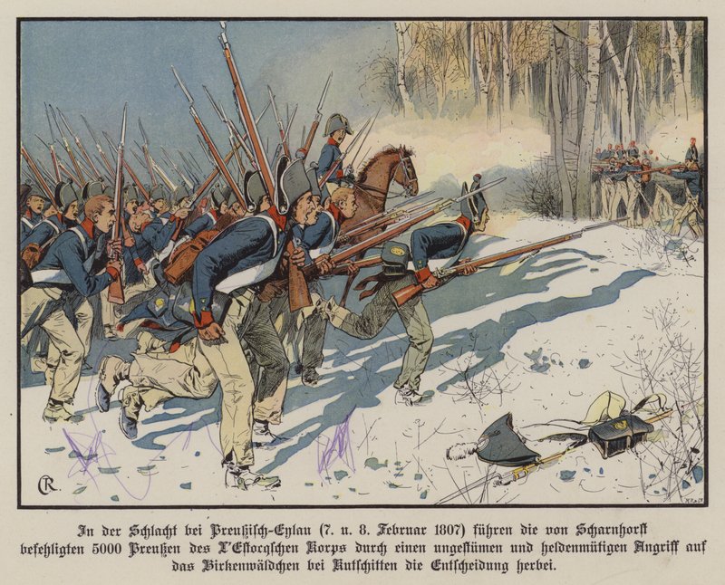 Porosz gyalogság támadás az Eylau-i csatában, 1807. február 7-8. (színes litó) alkotó: Carl Röchling