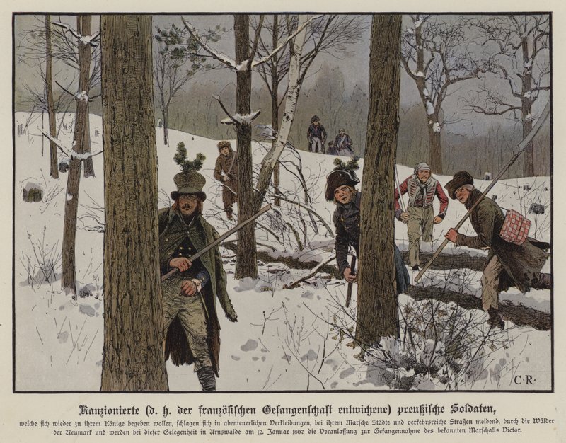 Porosz katonák kikerülve a francia fogságot, 1807. január (színes litó) alkotó: Carl Röchling