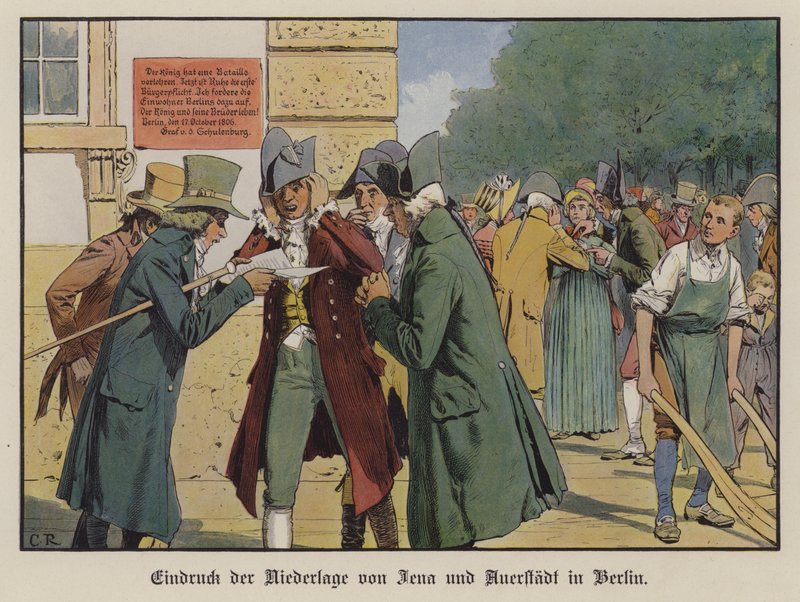 Poroszország vereségének híre a jénai-auerstadti csatában Berlin utcáin (színes litó) alkotó: Carl Röchling
