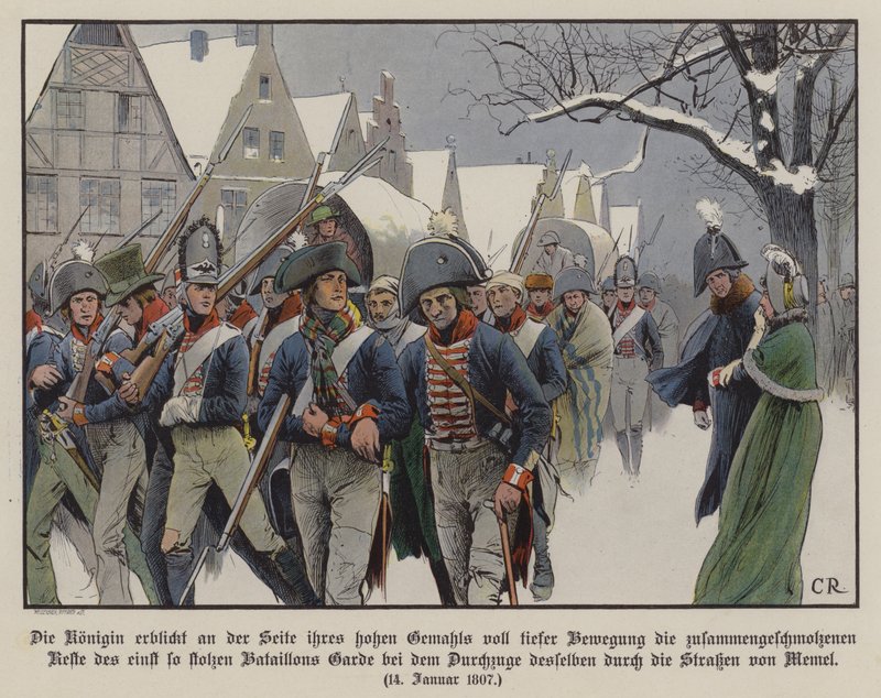 A porosz hadsereg maradék része III. Frigyes Vilmos király és Lujza királynő mellett menetel Memel utcáin alkotó: Carl Röchling