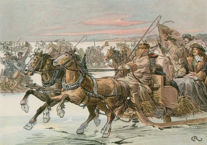 Frigyes Vilmos nagyfejedelem (1620-1688) 1678-ban a svédek elleni hadjárat során szánon kel át a Kurlandi lagúnán. alkotó: Carl Rohling