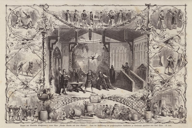 Jelenetek Wendelin Weissheimer német zeneszerző Meister Martin und Seine Gesellen (Martin mester és társai) című operájából, a Grossherzoglichen Hoftheaterben, Karlsruhe, Németország (metszet) alkotó: Carl Thiel