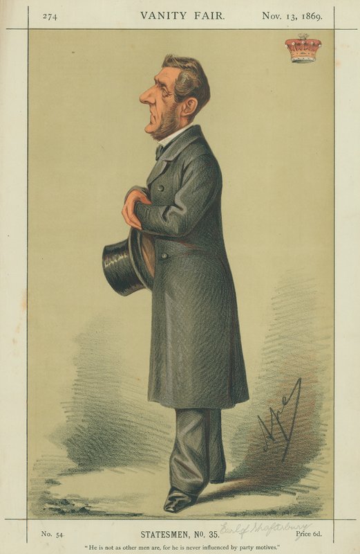 Earl of Shaftesbury, Ő nem olyan, mint a többi ember, mert soha nem befolyásolja a pártmotívum, 1869. november 13., Vanity Fair karikatúra. alkotó: Carlo Pellegrini