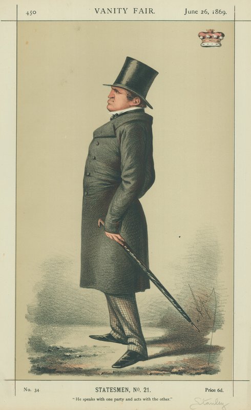 Lord Stanley, az egyik féllel beszél, a másikkal színészkedik, 1869. június 26., Vanity Fair rajzfilm alkotó: Carlo Pellegrini