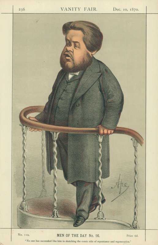 The Rev Charles Spurgeon, Senkinek sem sikerült nála jobban felvázolni a bűnbánat és az újjászületés komikus oldalát, 1880. július 17., Vanity Fair karikatúra. alkotó: Carlo Pellegrini