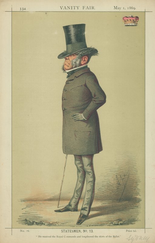 Sydney vikomt, megkapta a királyi parancsokat és meghosszabbította a balett szoknyáit, 1869. május 1., Vanity Fair rajzfilm alkotó: Carlo Pellegrini