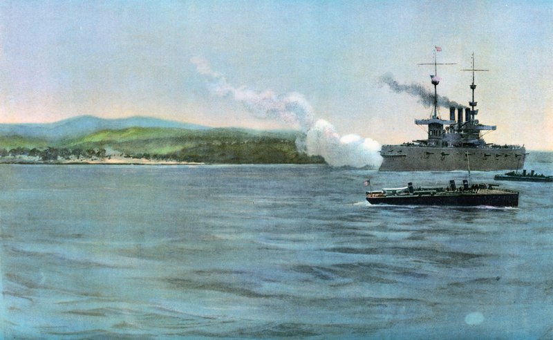 Sampson admirális zászlóshajója, az Egyesült Államok New York páncélcirkálója, lövés a spanyol lovasság parti őrségére, Cabanasnál, 1898. április 29. alkotó: Carlton Theodore Chapman