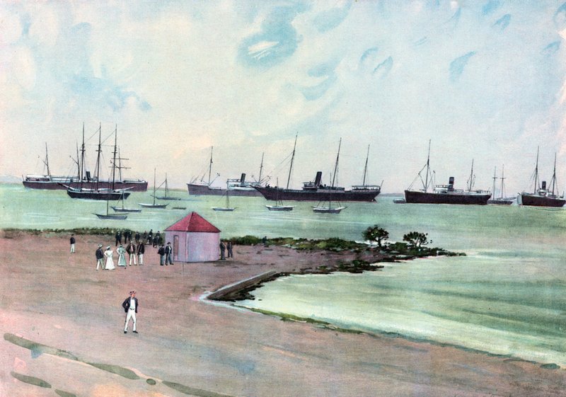 Elfogott spanyol hajókat a Man-of-War Harbor horgonynál, Key Westben. Kilátás az Esplanade-ról az Egyesült Államok hadseregének laktanya közelében alkotó: Carlton Theodore Chapman