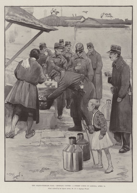 A görög-török háború, reggeli kávé, utcai jelenet Larisszában, április 19. alkotó: Cecil Charles Windsor Aldin