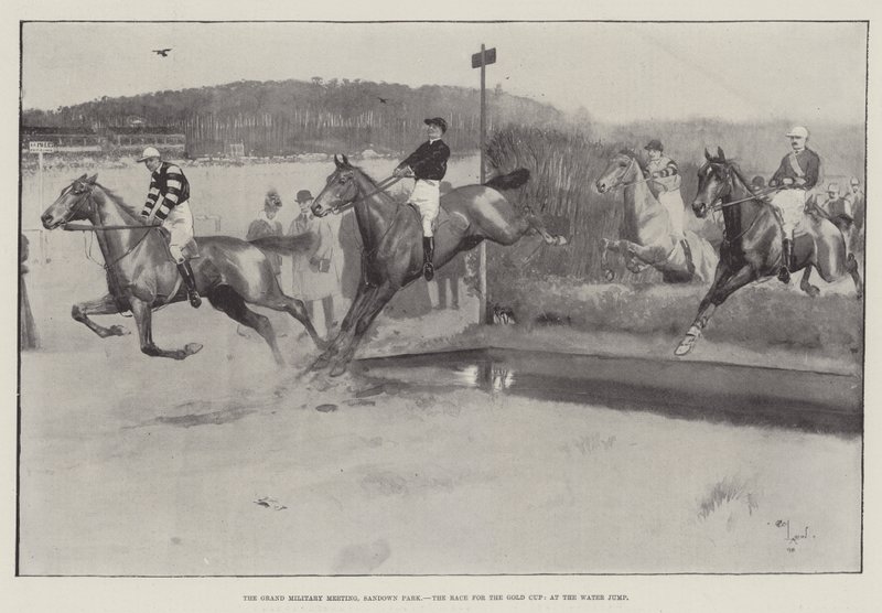Nagy Katonai Találkozó, Sandown Park, Verseny az Arany Kupáért, a Vízugrásnál alkotó: Cecil Charles Windsor Aldin