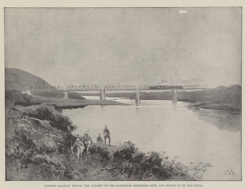 Colenso vasúti híd, a leghosszabb a Ladysmith meghosszabbított vonalán, amelyet most a búr felrobbantott. alkotó: Charles Auguste Loye
