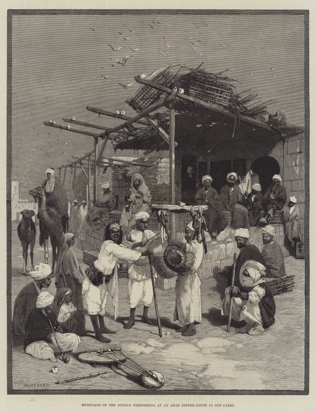 A Soudan zenészei fellépnek egy Arab kávézóban, Kairó óvárosában alkotó: Charles Auguste Loye