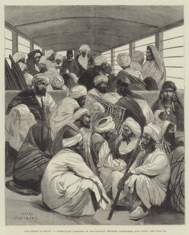 Művészünk Egyiptomban, egy harmadosztályú kocsi az Alexandria és Kairó közötti vasúton alkotó: Charles Auguste Loye