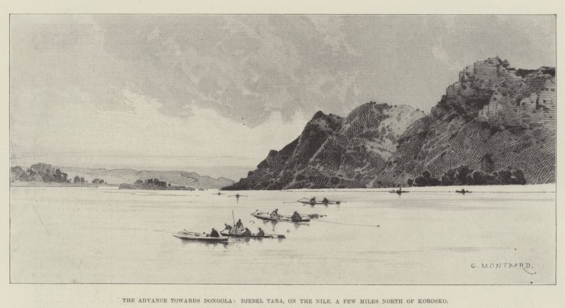 Előrenyomulás Dongola, Djebel Tara felé, a Níluson, néhány mérföldre északra Koroskótól. alkotó: Charles Auguste Loye